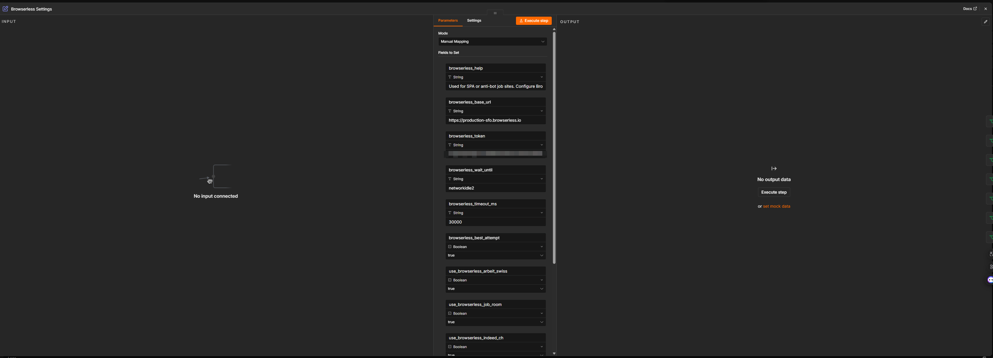 This node contains the shared Browserless configuration used by the workflow. Individual parsing nodes that require Browserless use these settings when retrieving data from protected websites.